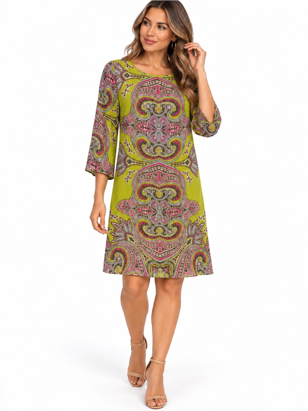 Voir Voir Paisley Print Shift Dress Green Pink Size 10
